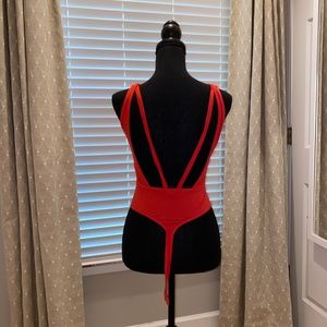 light red v neck bodysuit
